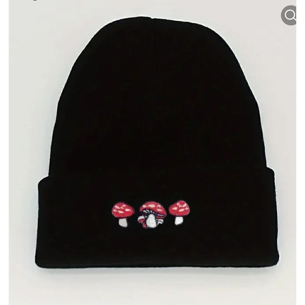 New! Black Red Lucky Mushroom Beanie Stocking Cap Hat